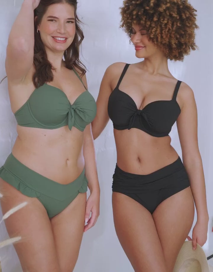 Produktvorstellung des Schalen-Bikinis "Valencia" in den Farben black und olive.